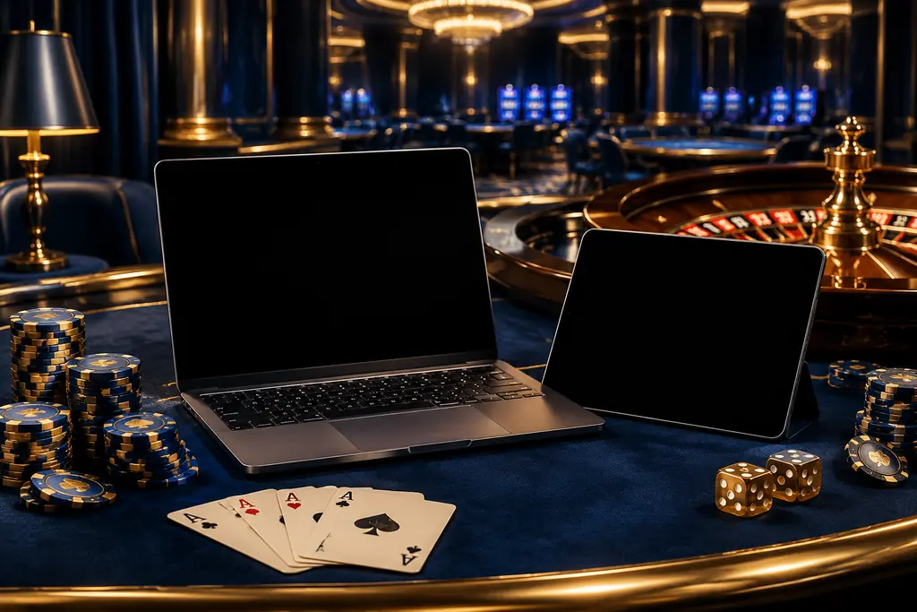 Laptop dan tablet di dekat roda roulette