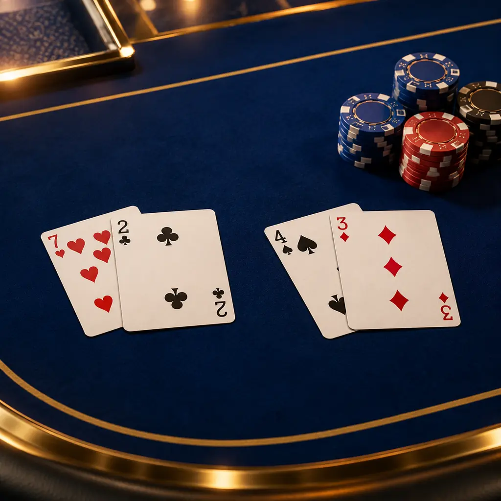 Dua tangan kartu dan chip di meja baccarat