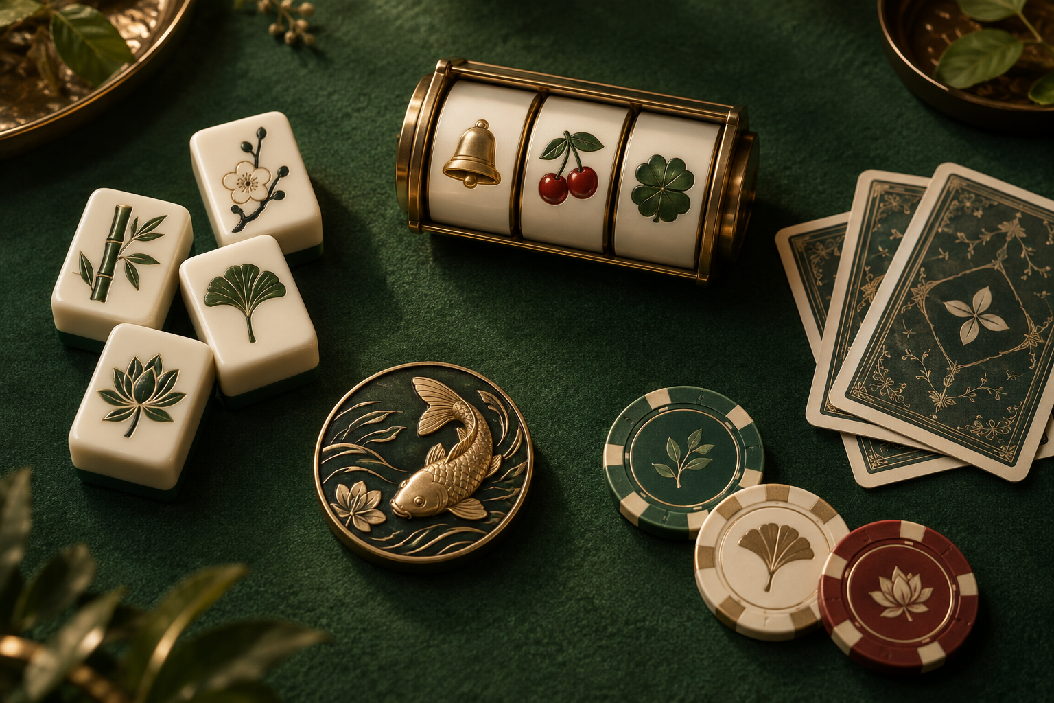 Ilustrasi gulungan slot, kartu, chip, dan ubin permainan di meja kasino