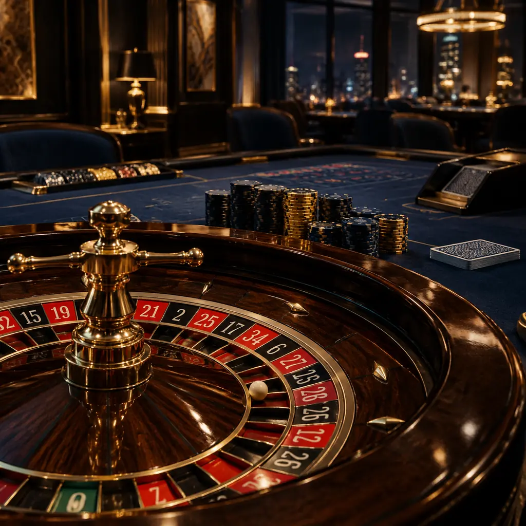 Roda roulette dan meja kartu di interior kasino bernuansa biru malam