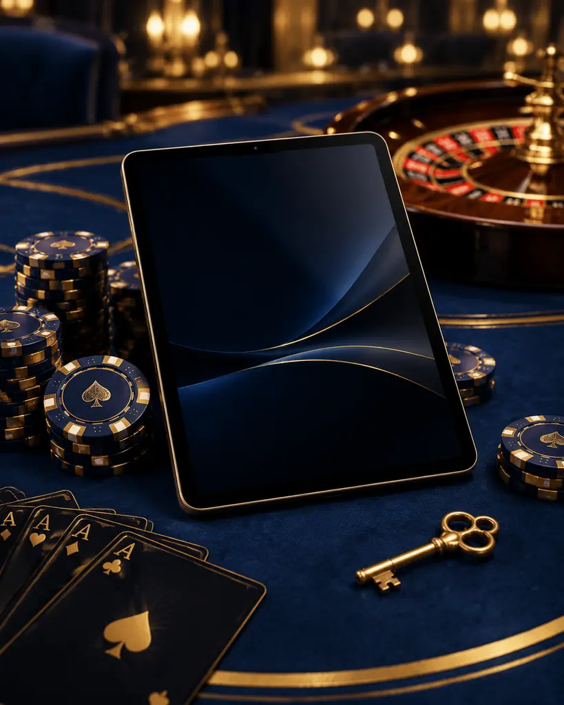 Tablet dan kunci di sisi meja kartu kasino