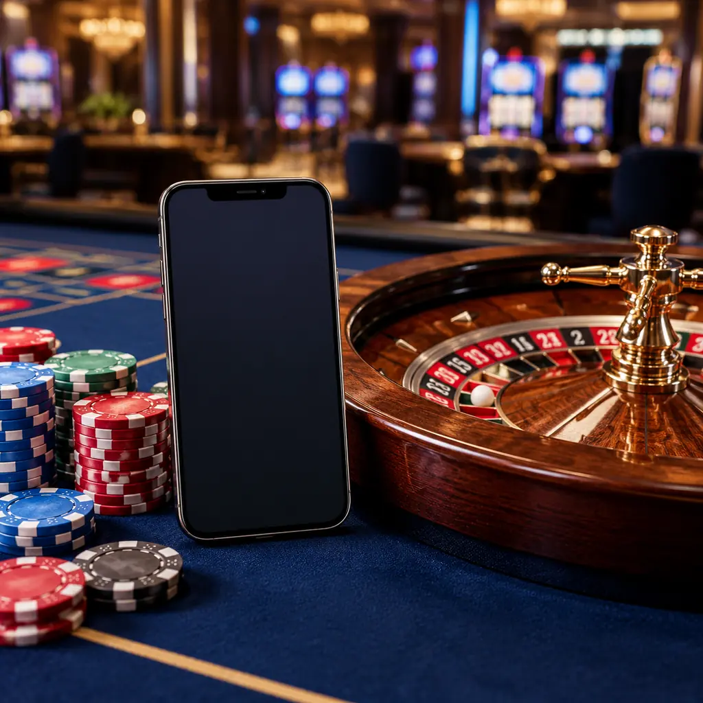 Ponsel di samping roda roulette dan chip kasino