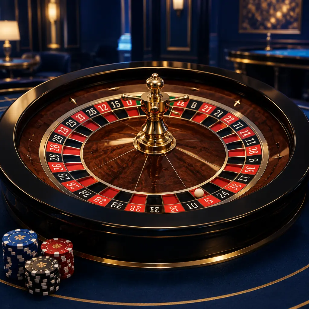 Roda roulette dengan bola dan chip di meja kasino